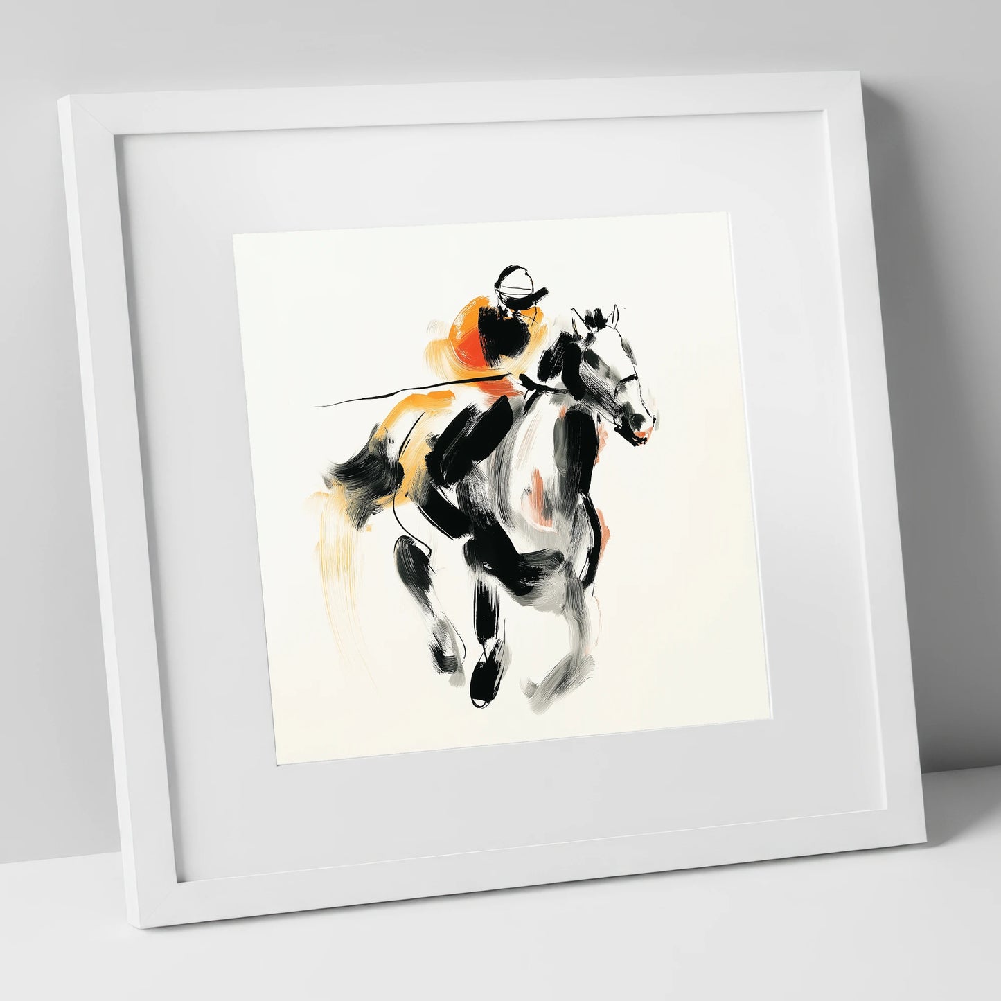 Flash of Amber racing horse art print in white frame