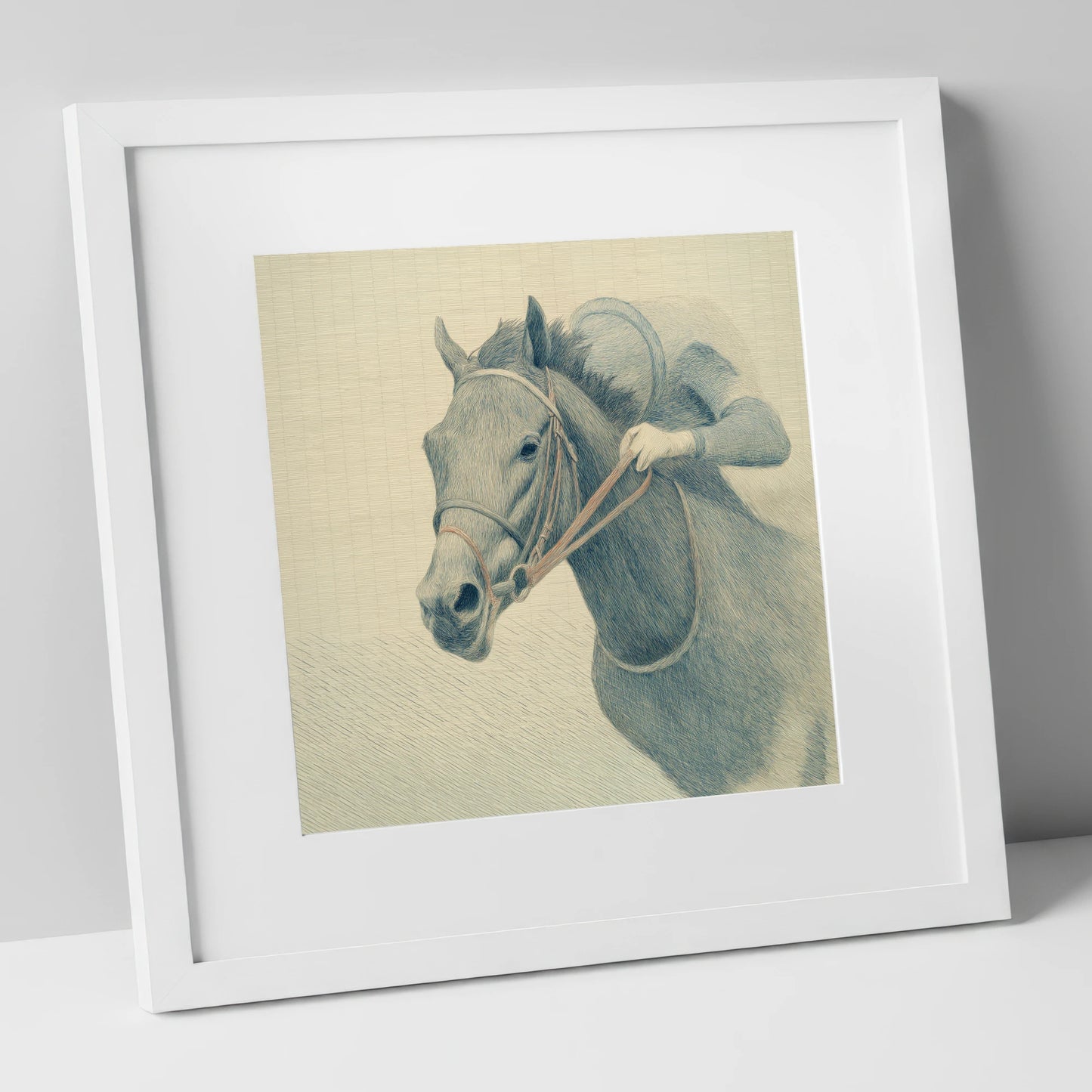 Quiet Precision racing horse art print in white frame