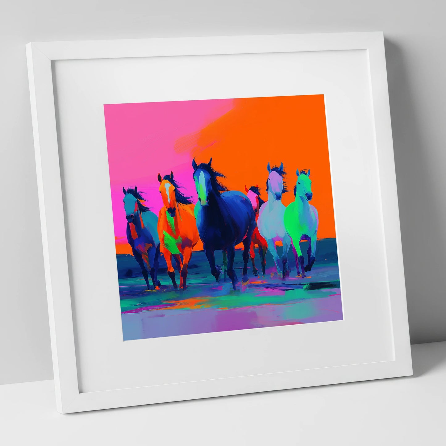 Technicolour Charge wild horses art print in white frame