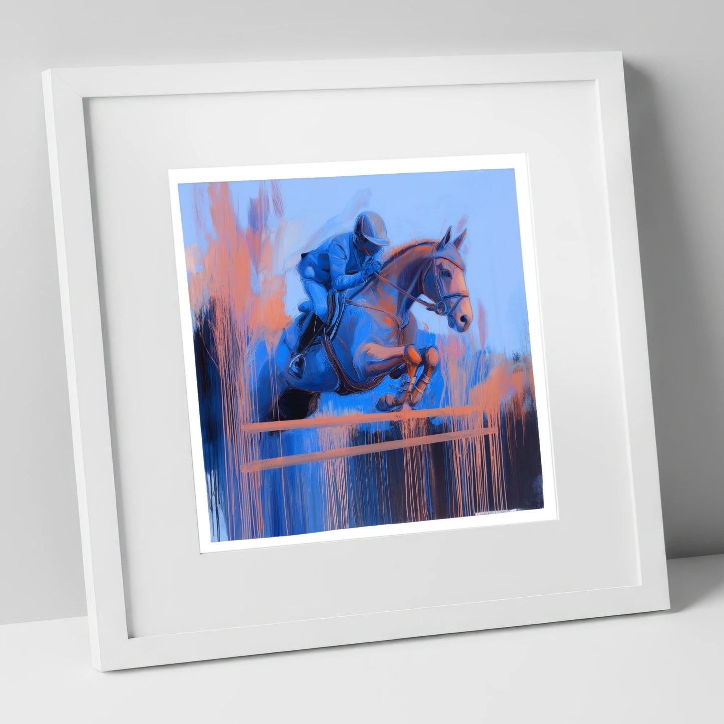 Momentum in Blue and Peach show jumping horse art print in white frame