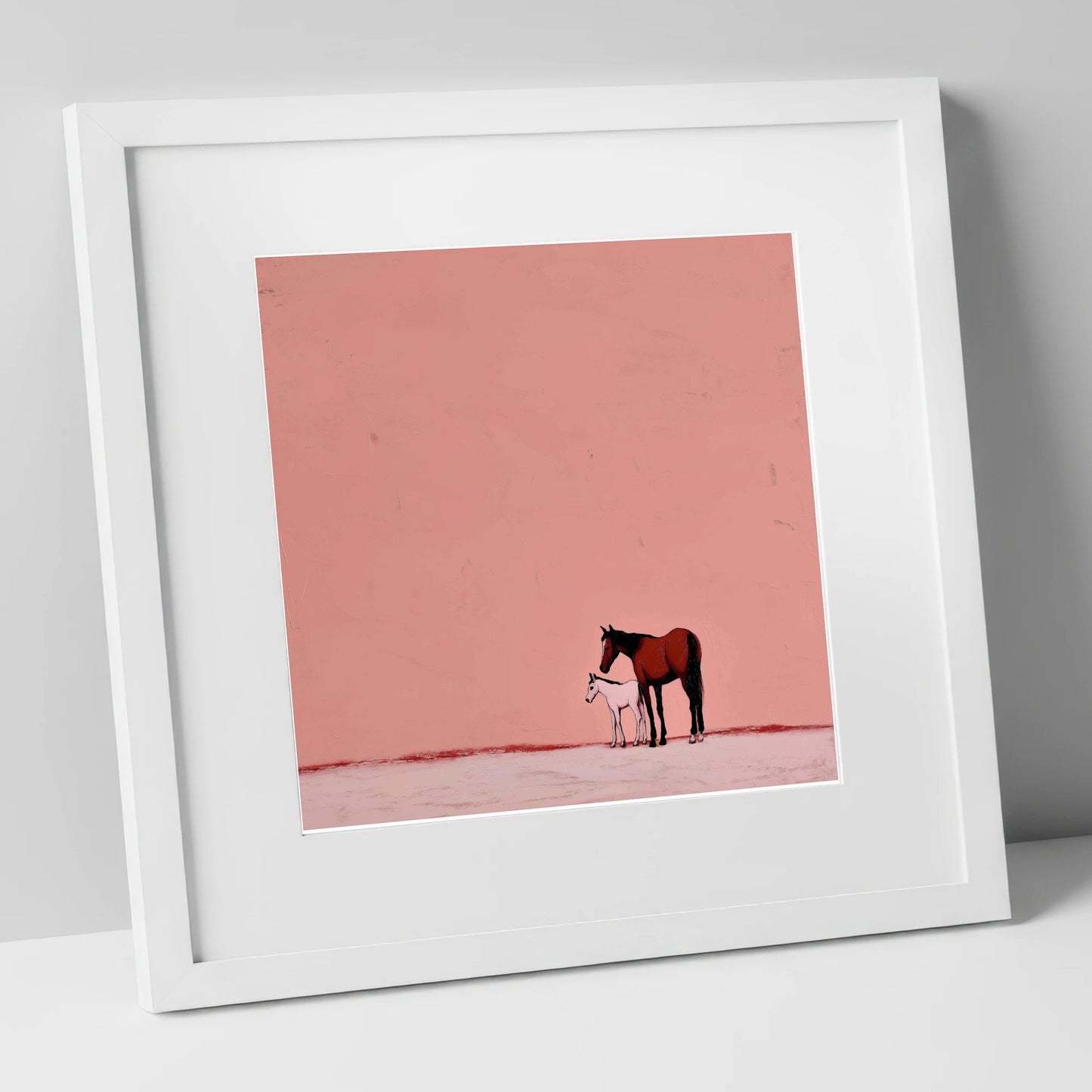 Dusty Rose Bond mare & foal art print in white frame