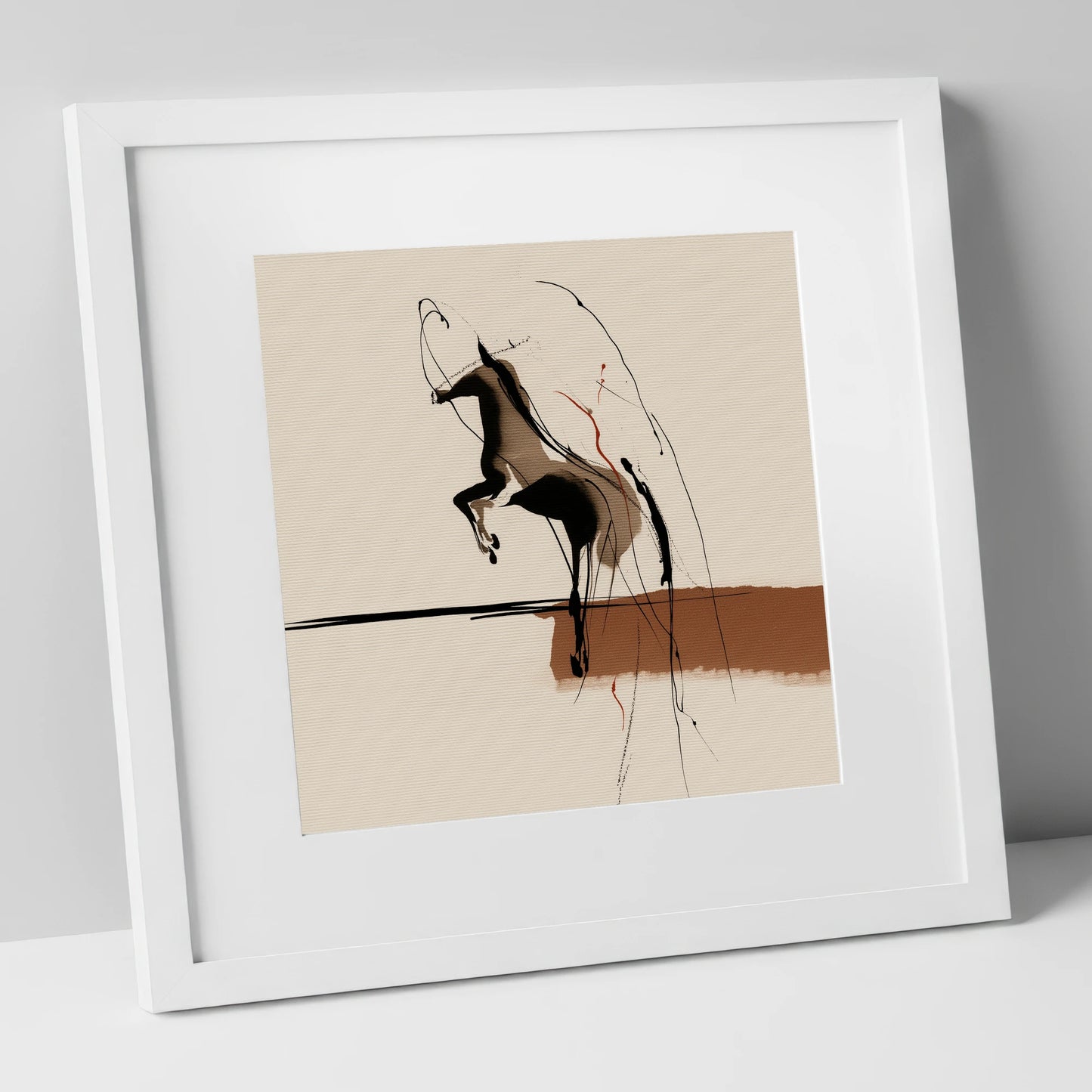 Untamed Sepia Silhouette horse portrait art print in white frame