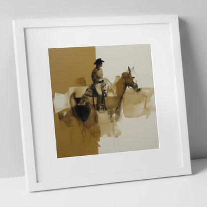 Solitary Western Rider western horse art print in white frame
