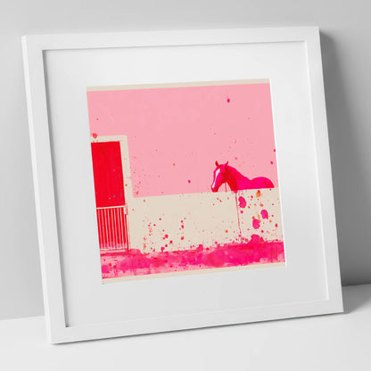 Crimson Doorway horse stable art print in white frame
