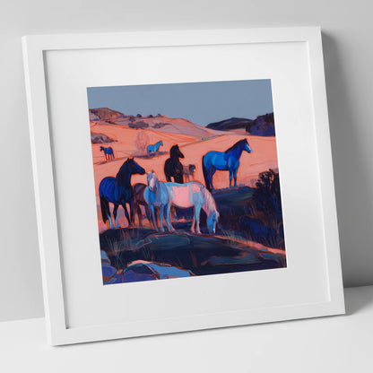 Indigo Herd at Dusk horse landscape art print in white frame