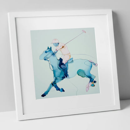 Fluid Polo Strike polo horse art print in white frame