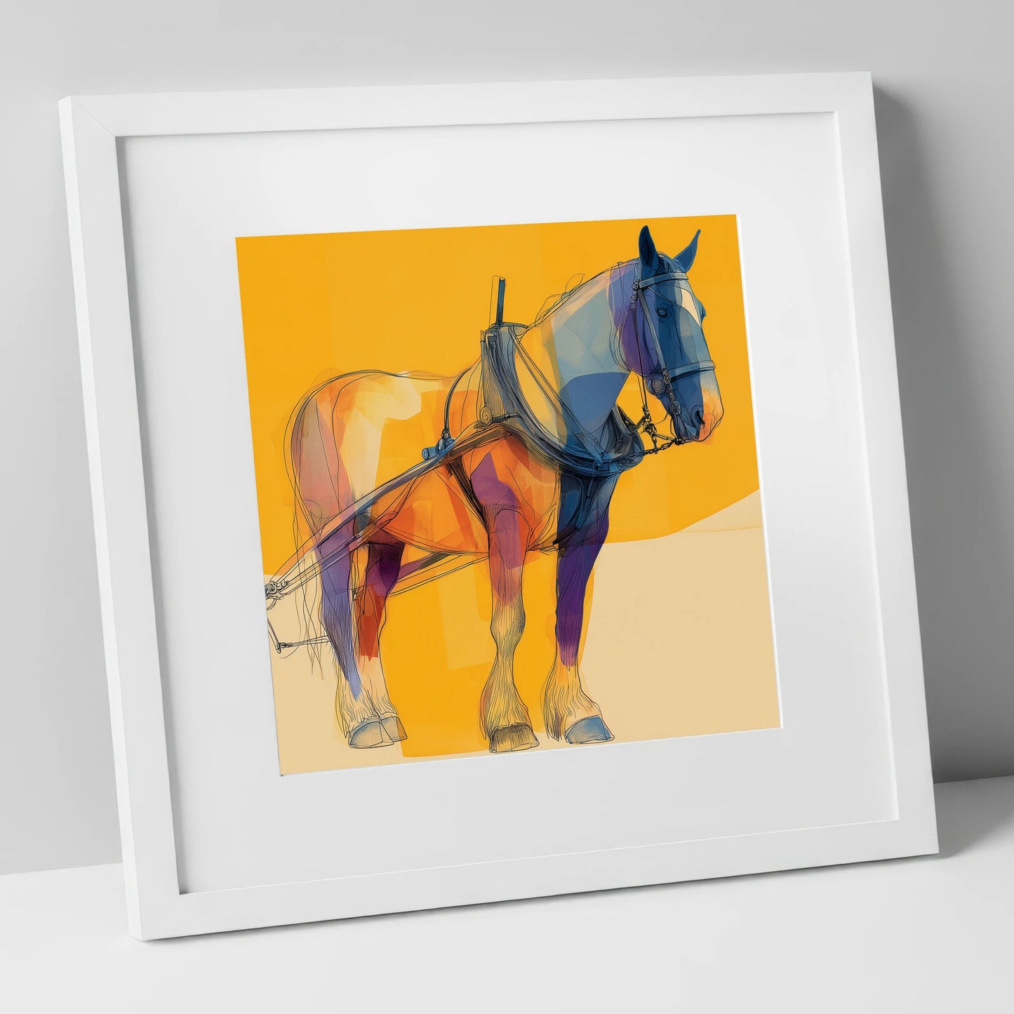 Modern Draught in Harness working horse art print in white frame