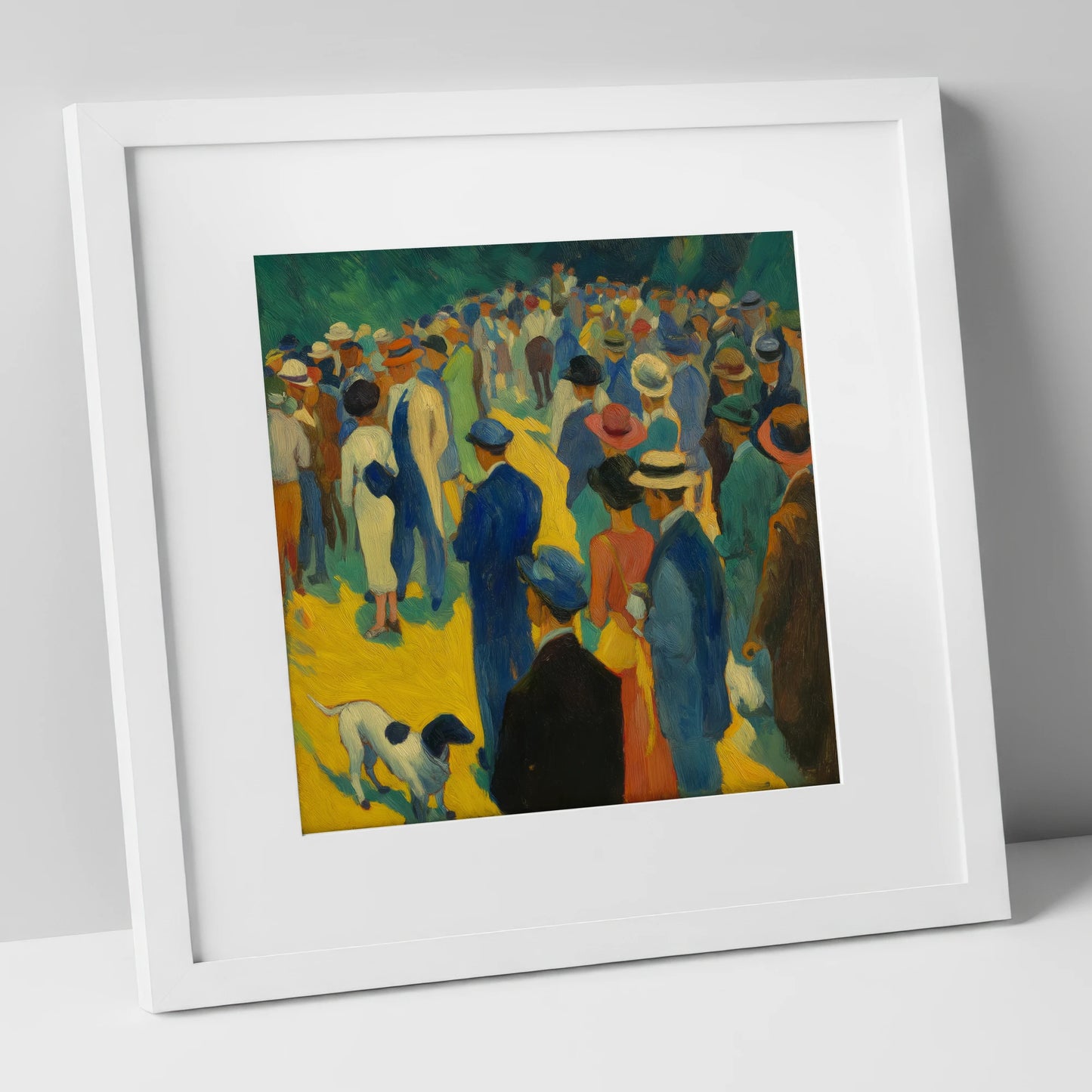 Race Day Spectacle racing horse art print in white frame
