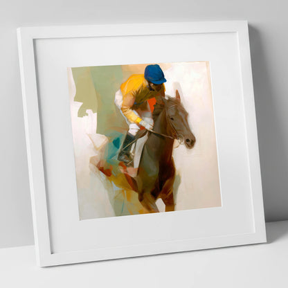 Yellow Silk Strike racing horse art print in white frame