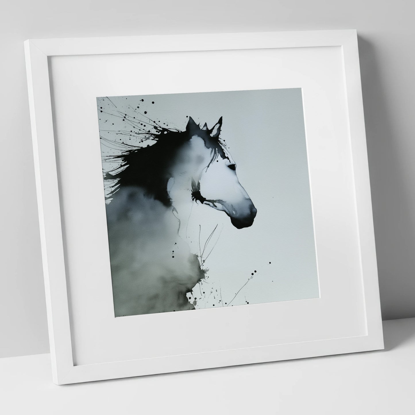 Midnight Wash Profile horse portrait art print in white frame