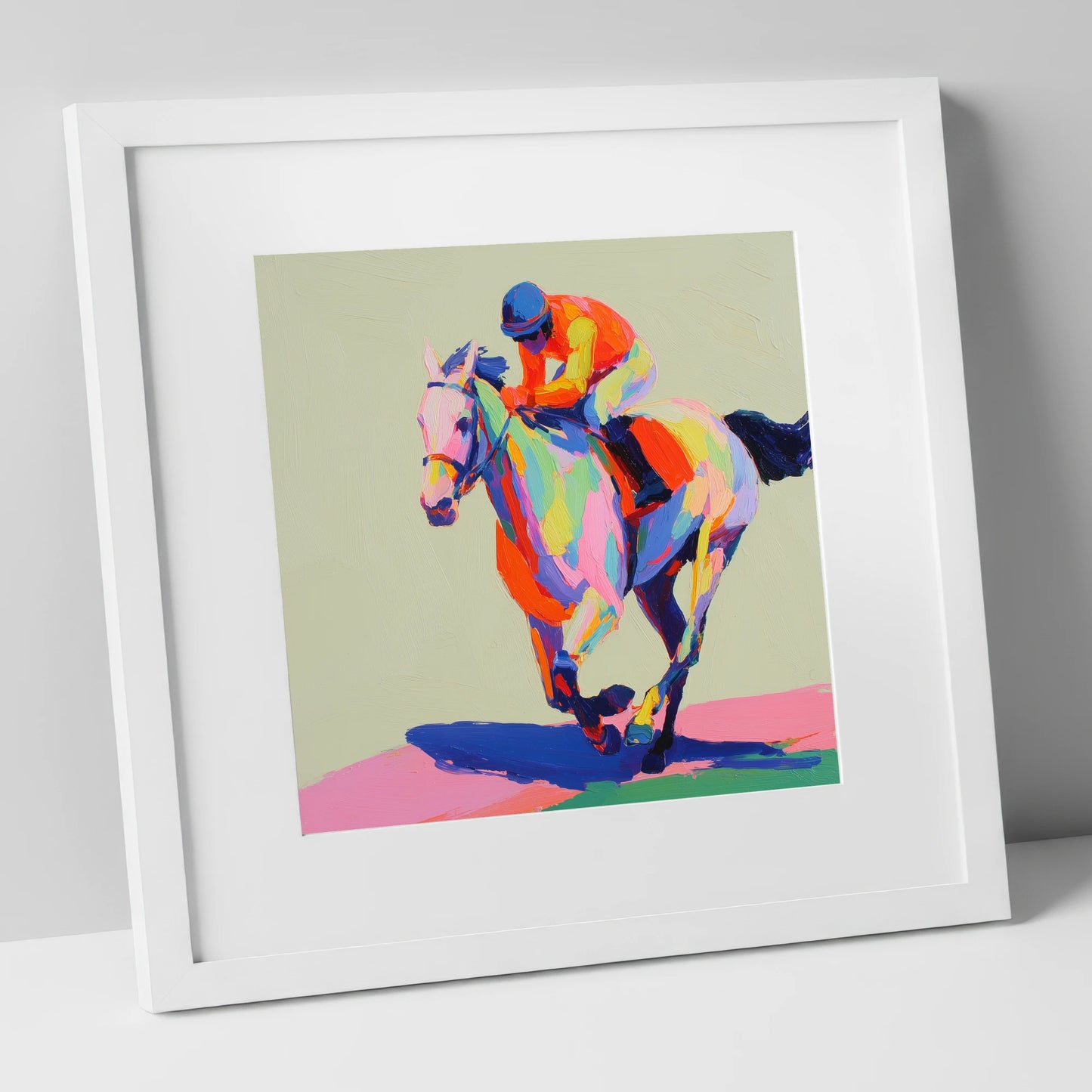 Technicolour Sprint racing horse art print in white frame