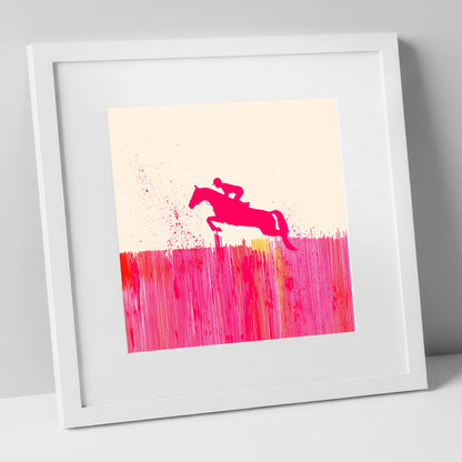 Vibrant Magenta Leap show jumping horse art print in white frame