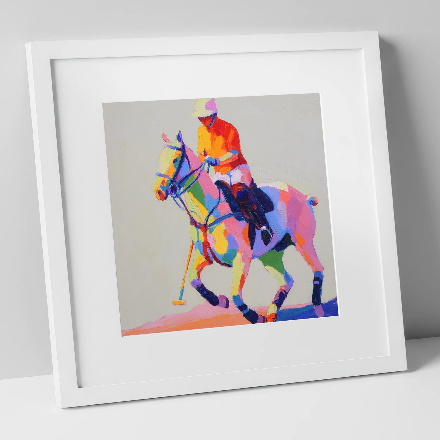 Vibrant Polo Pace polo horse art print in white frame
