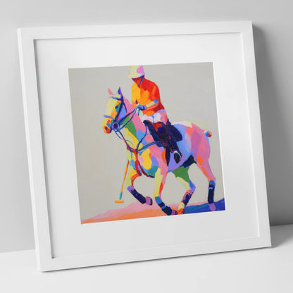 Vibrant Polo Pace polo horse art print in white frame