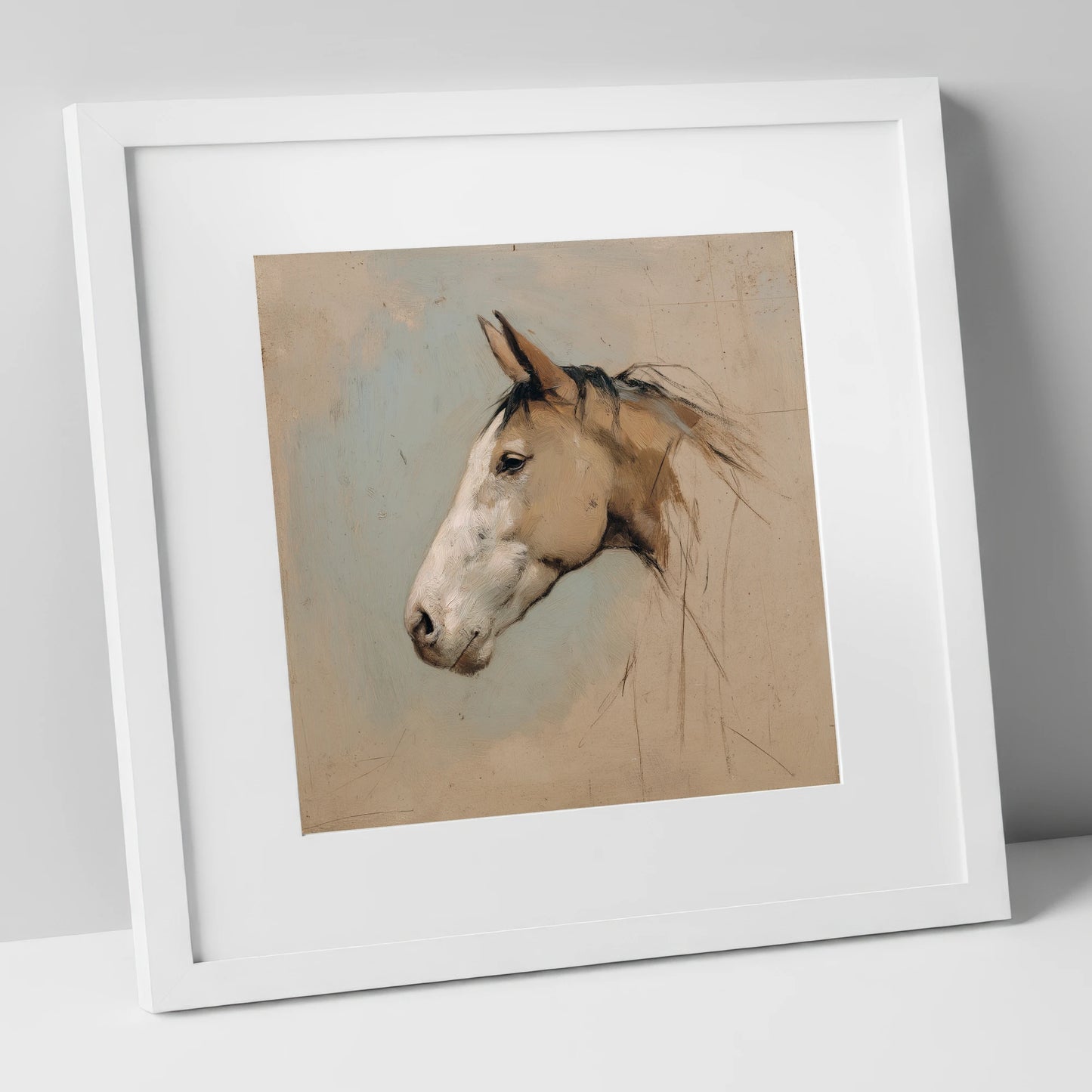 Muted Equine Profile horse portrait art print in white frame