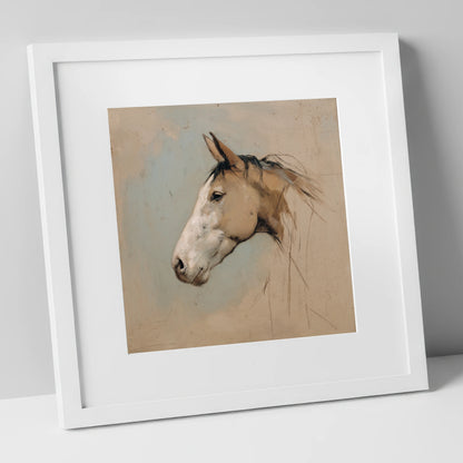 Muted Equine Profile horse portrait art print in white frame