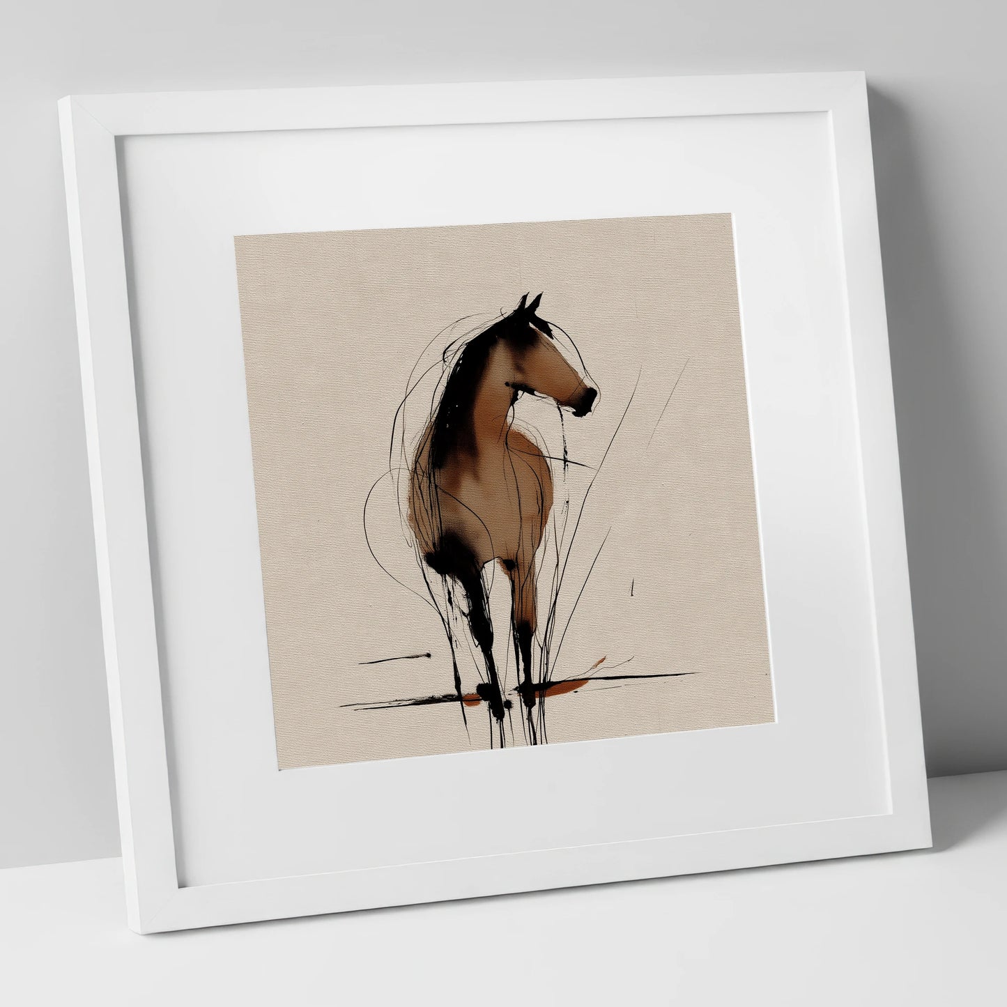 Gestural Sepia Equine horse portrait art print in white frame