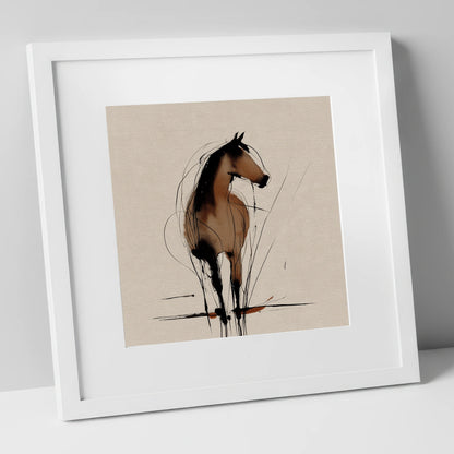 Gestural Sepia Equine horse portrait art print in white frame