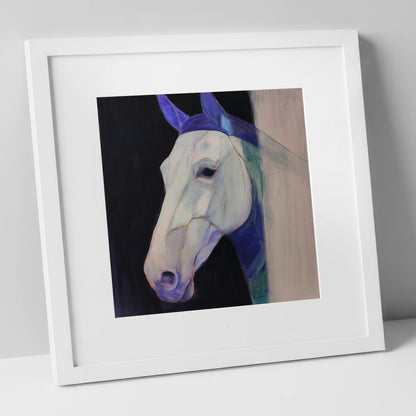 Echoes of Indigo horse portrait art print in white frame
