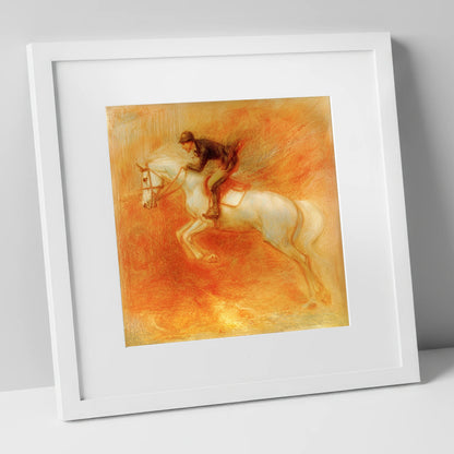 Terracotta Flight show jumping horse art print in white frame
