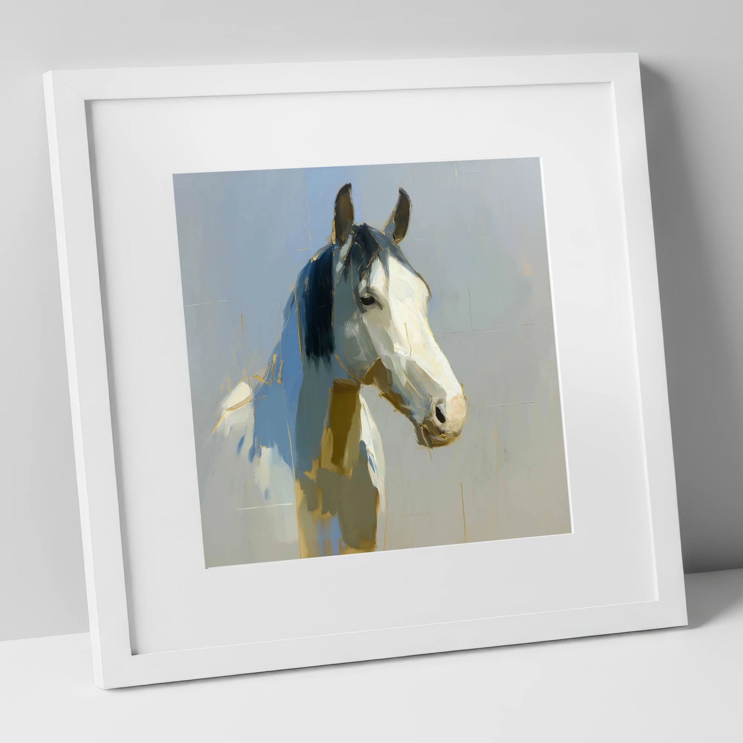 Luminous Morning Watch horse portrait art print in white frame