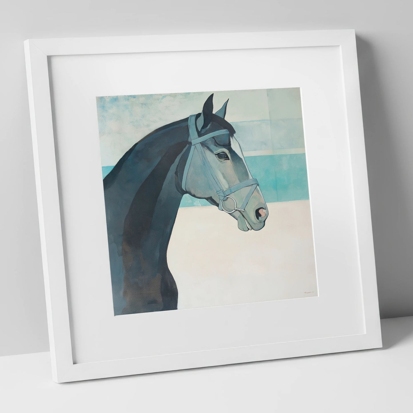 Serene Aquamarine Profile racing horse art print in white frame