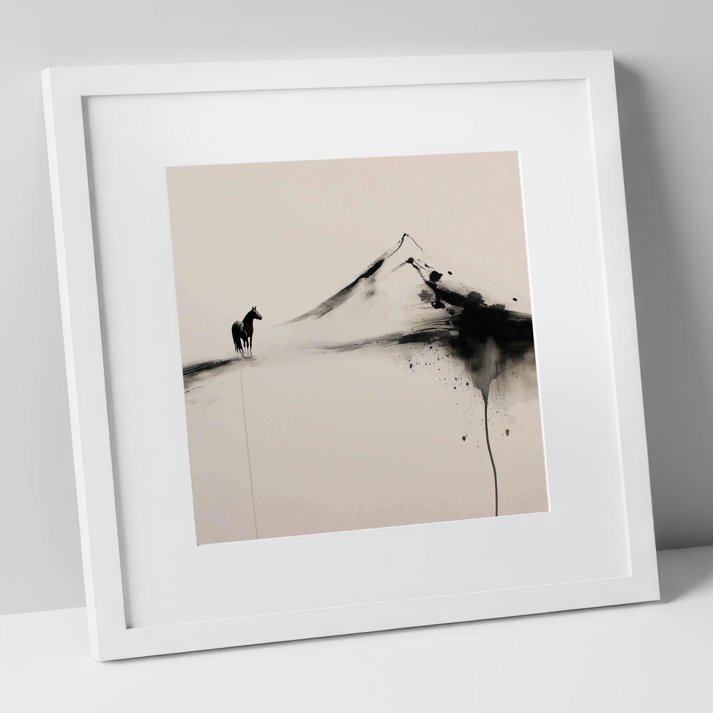 Solitary Mountain Silhouette horse landscape art print in white frame
