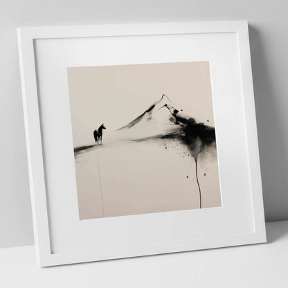 Solitary Mountain Silhouette horse landscape art print in white frame