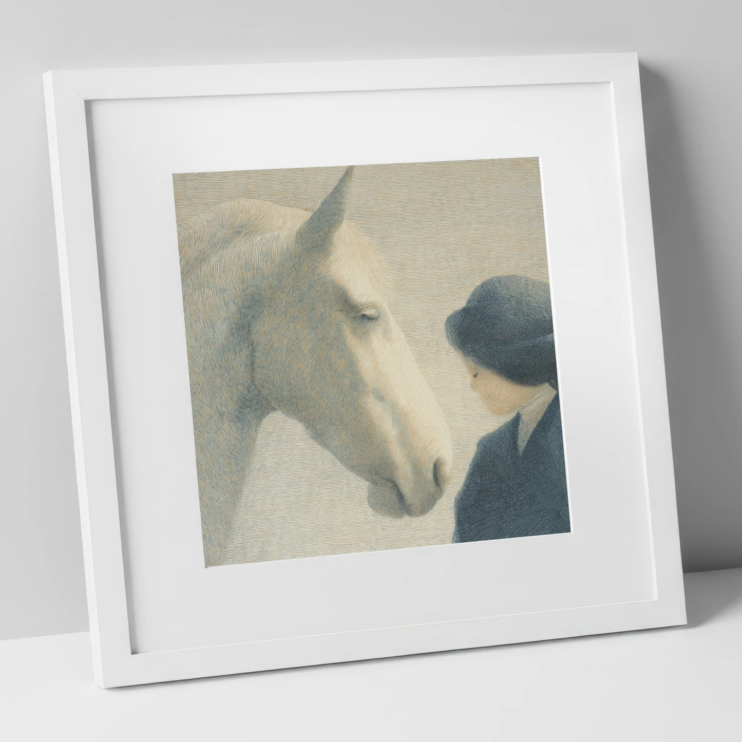 The Quiet Bond horse & rider art print in white frame