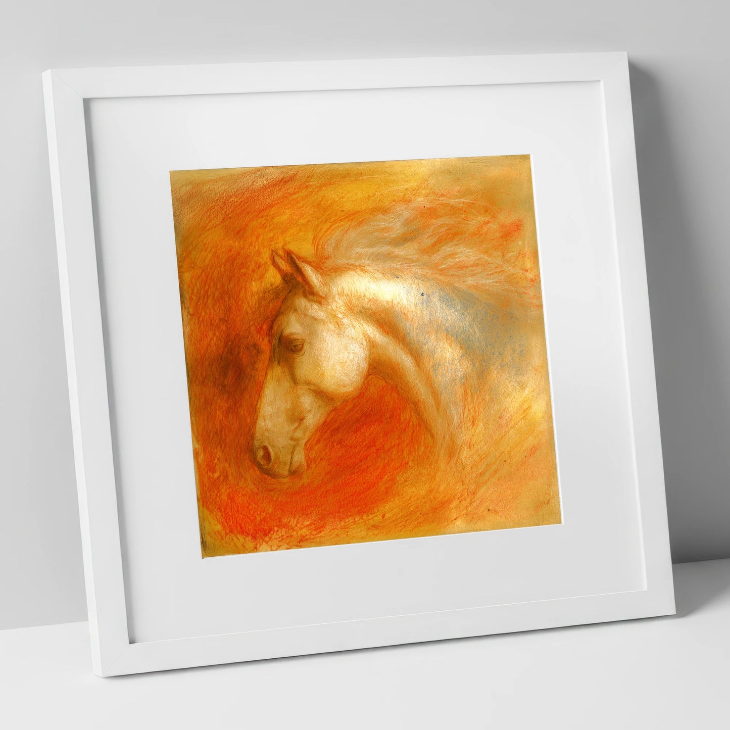 Radiant Terracotta Spirit horse portrait art print in white frame