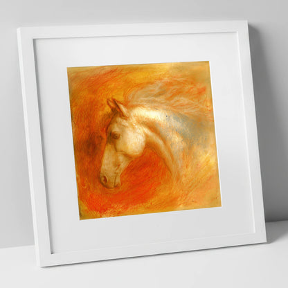 Radiant Terracotta Spirit horse portrait art print in white frame