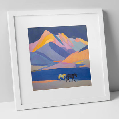 High Mountain Spirits horse landscape art print in white frame