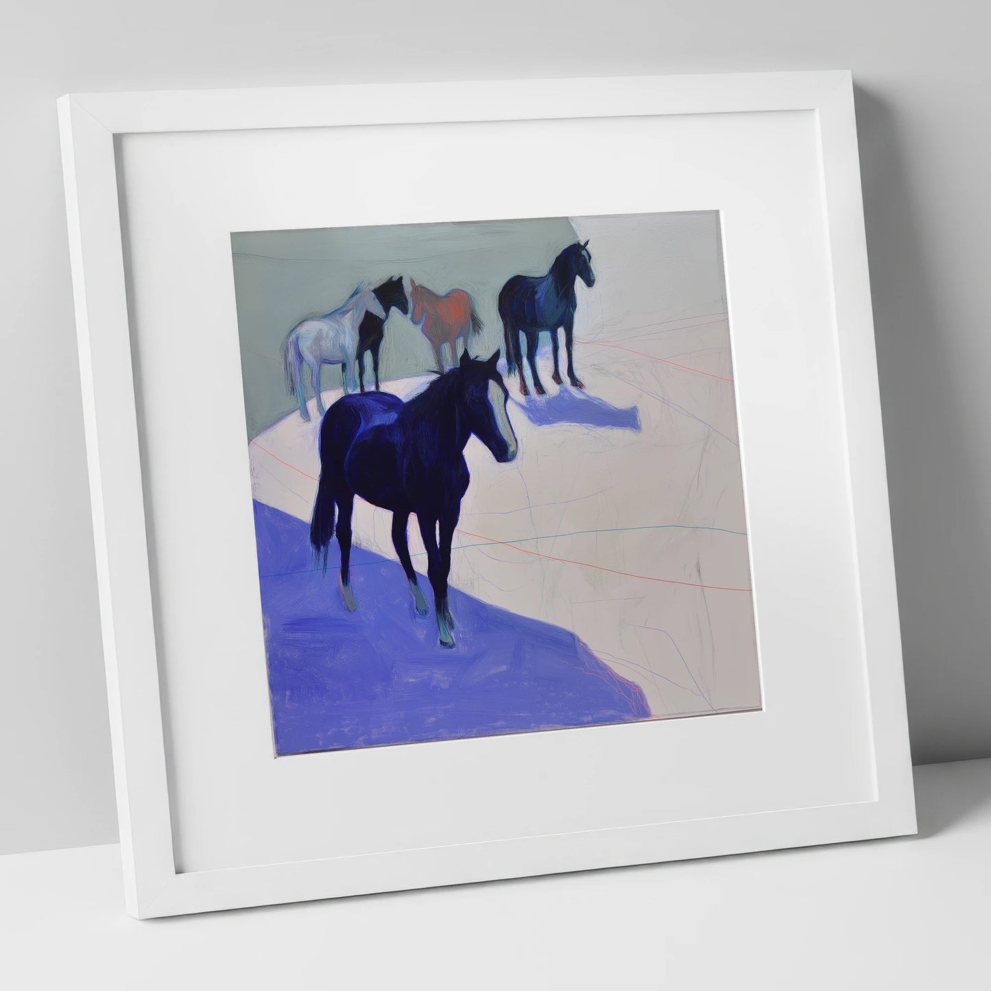Abstract Herd in Blue wild horses art print in white frame