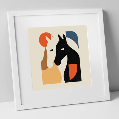 Modernist Equine Embrace horse portrait art print in white frame