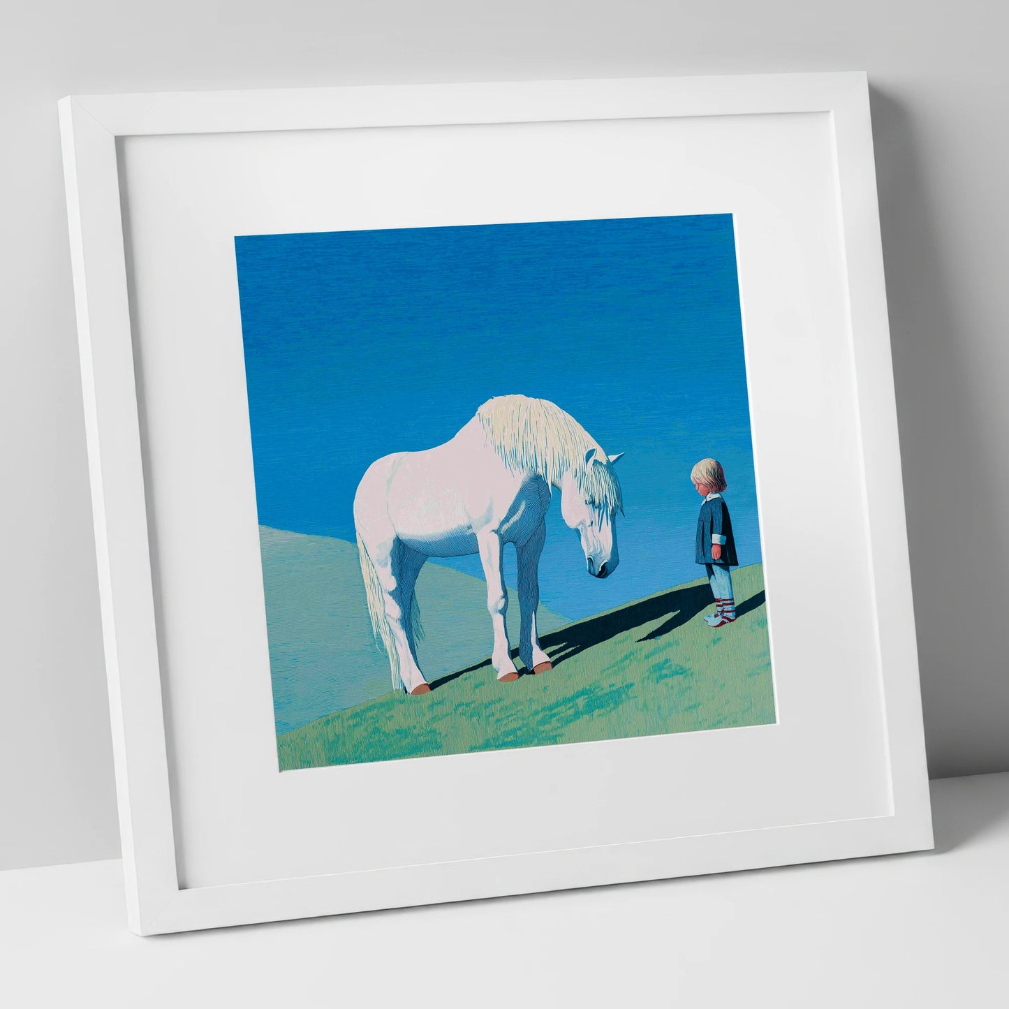 The Gentle Meeting horse & rider art print in white frame