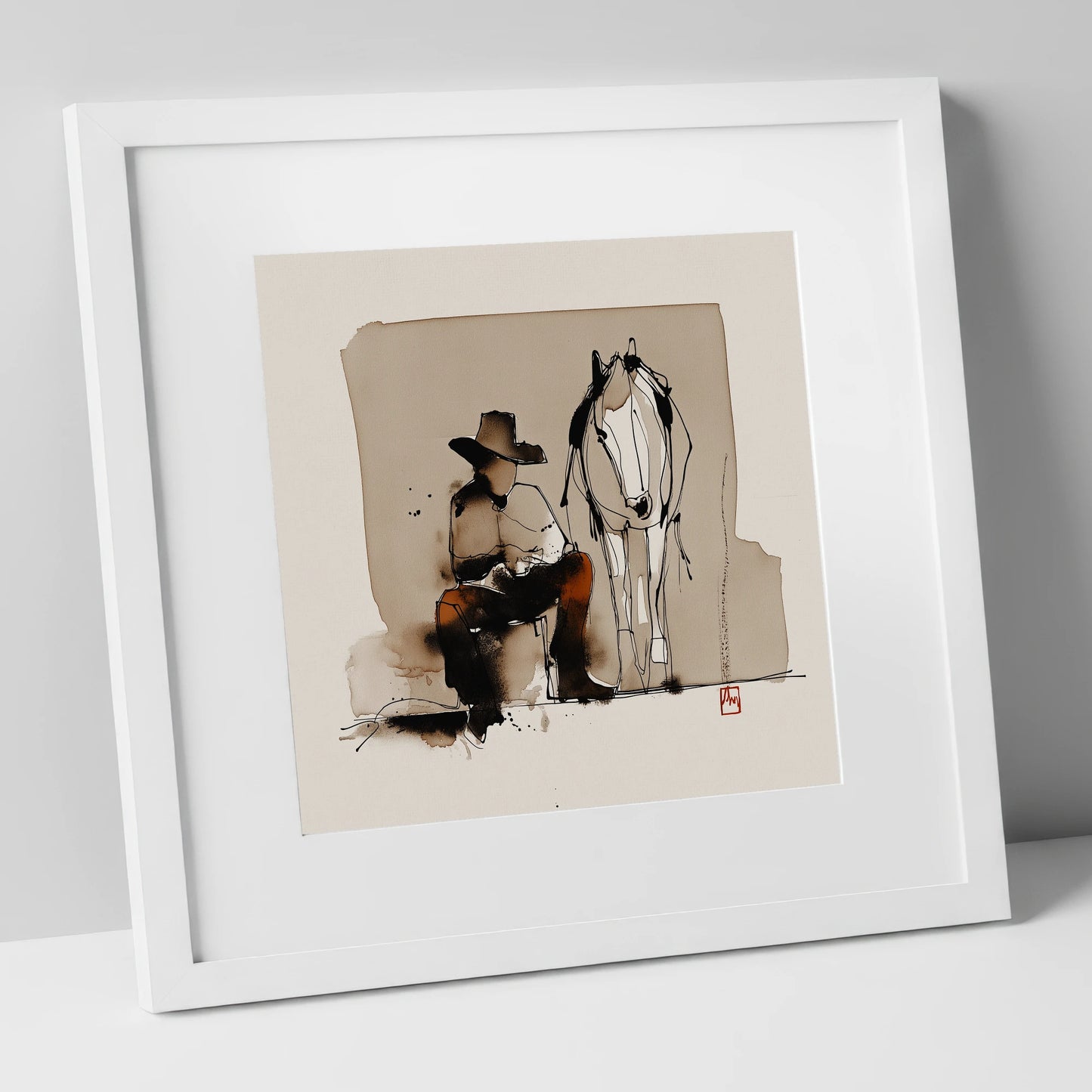 Quiet Western Companions western horse art print in white frame