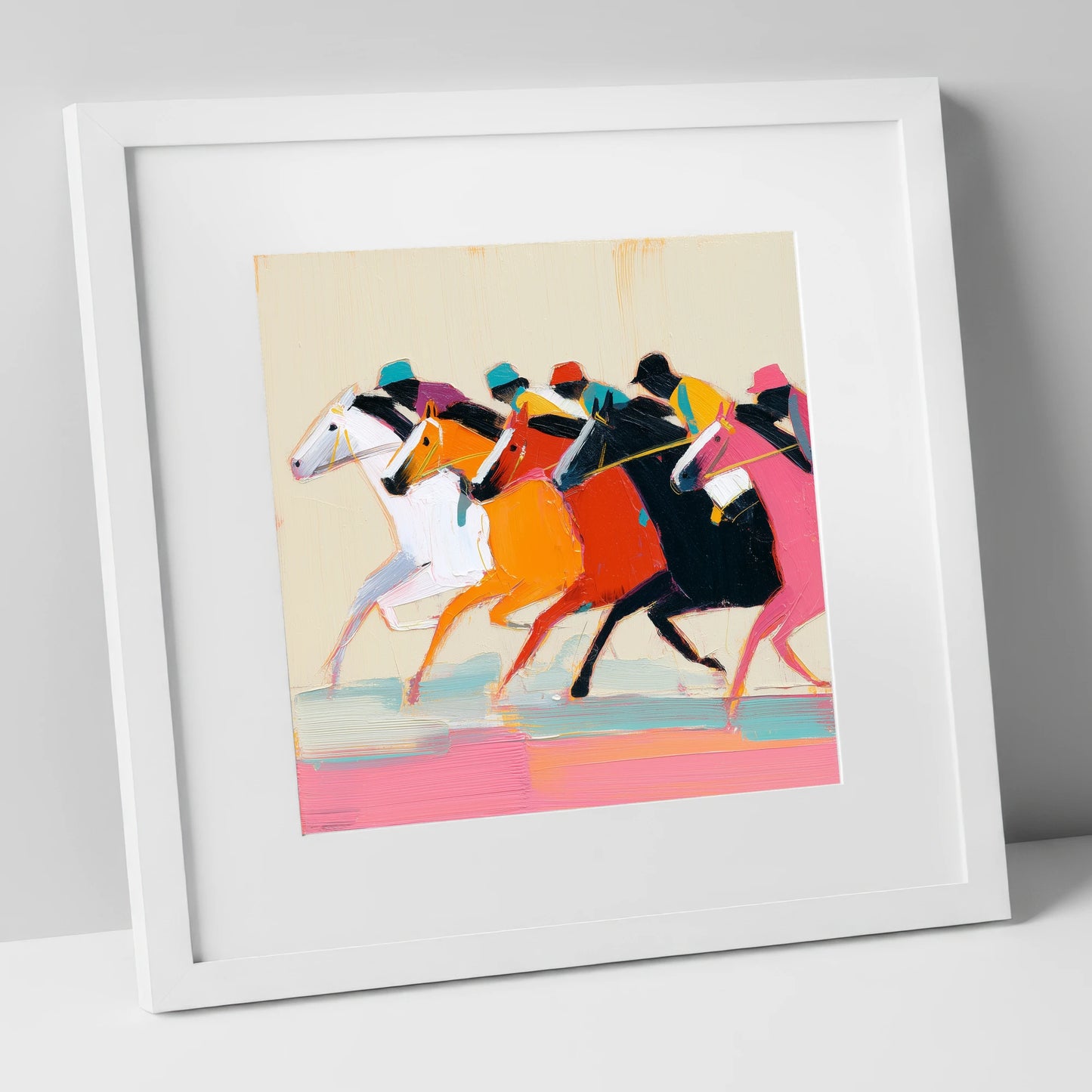 Vibrant Final Furlong racing horse art print in white frame