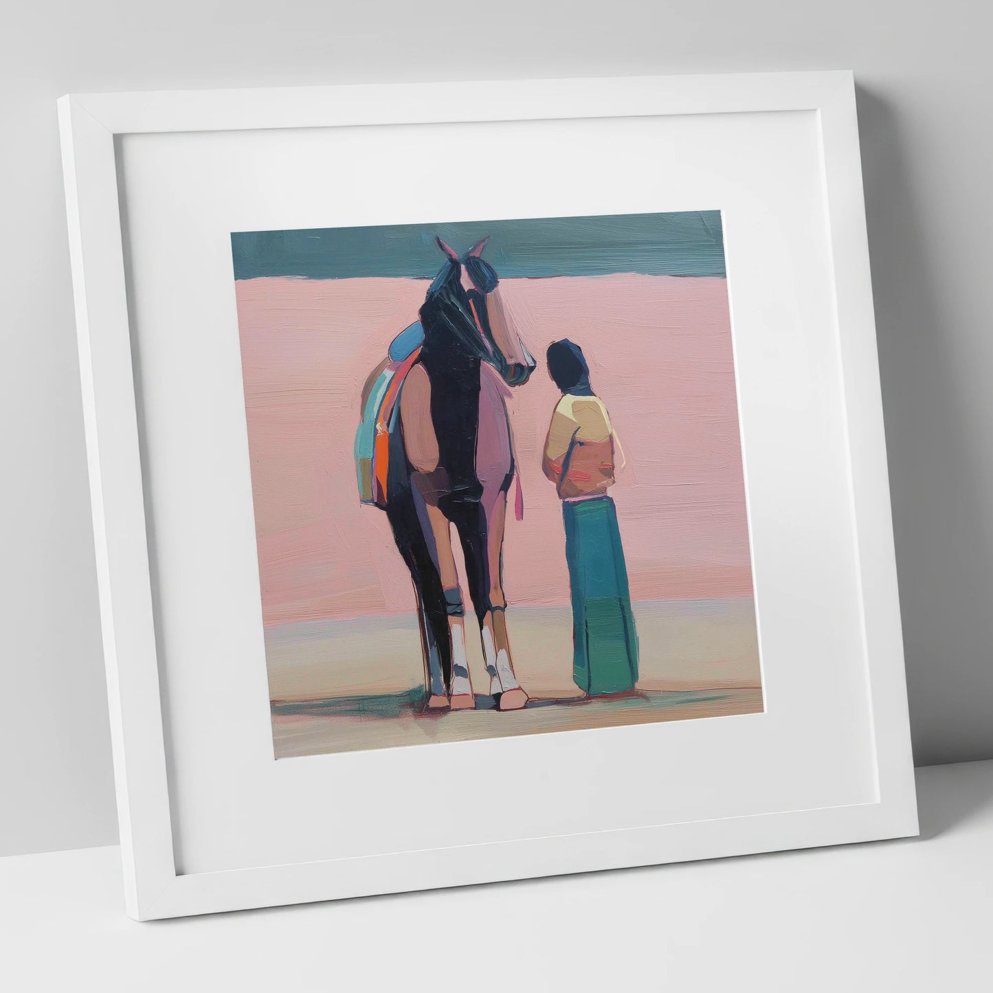 Stillness in Rose horse & rider art print in white frame