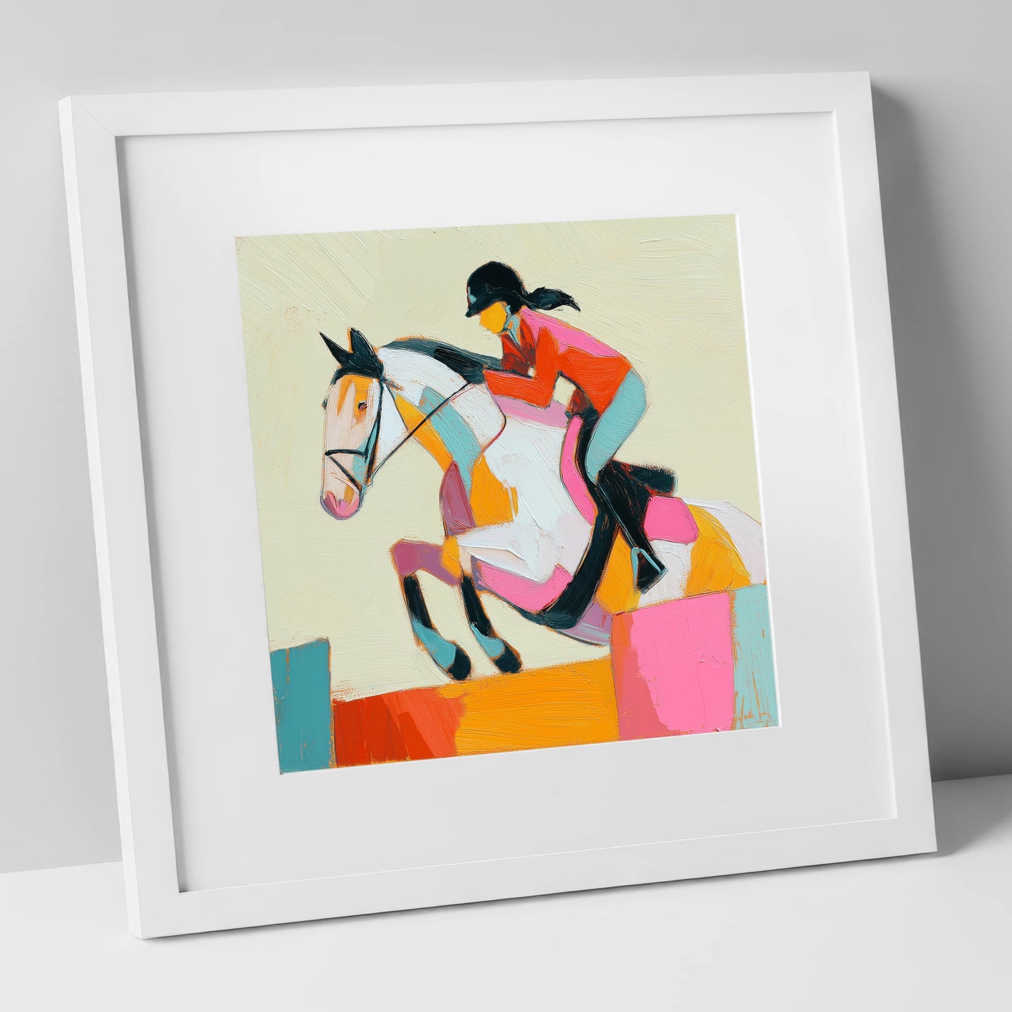 Painted Flight show jumping horse art print in white frame