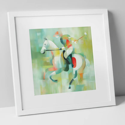 Abstract Polo Canter polo horse art print in white frame