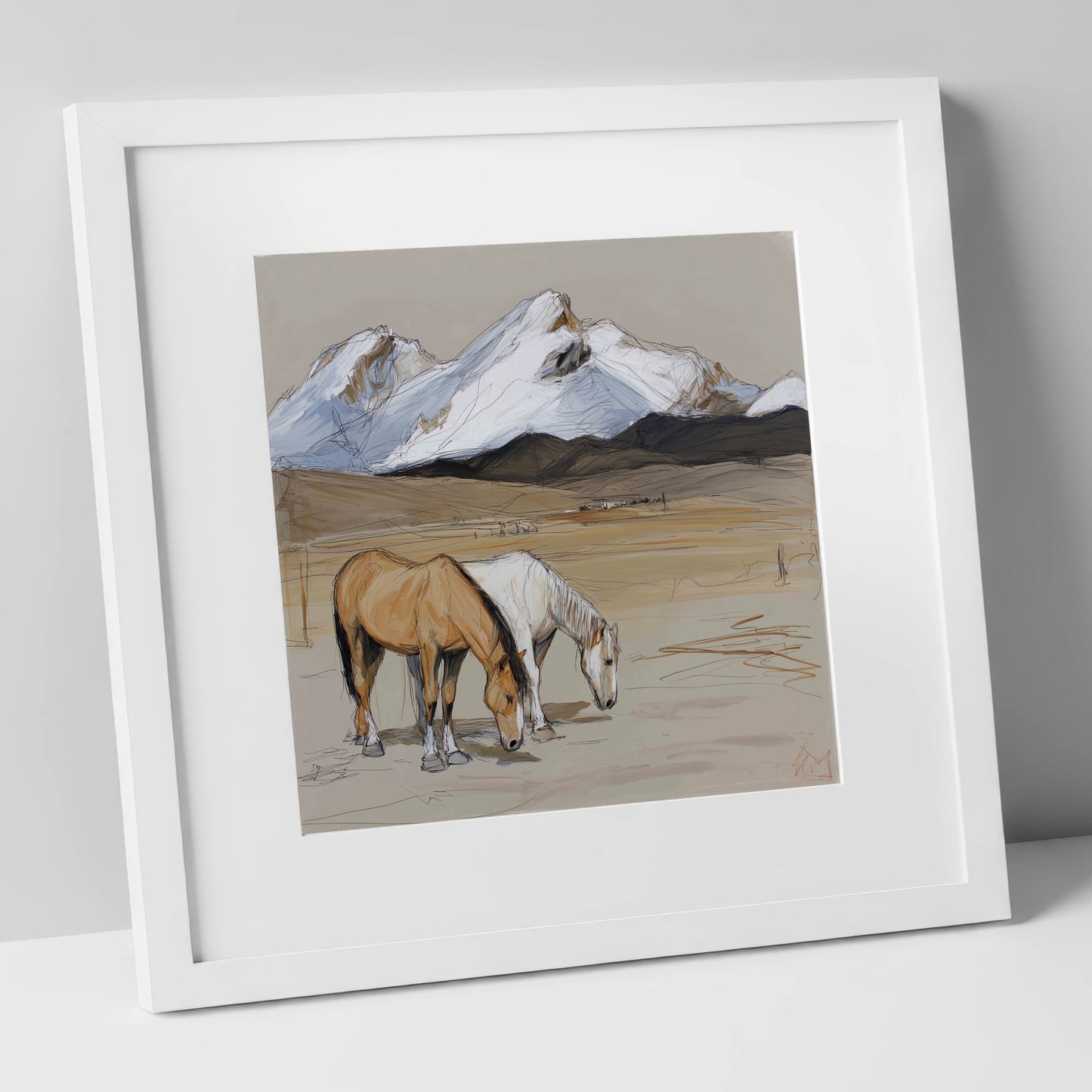 High Country Grazing horse landscape art print in white frame