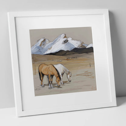 High Country Grazing horse landscape art print in white frame