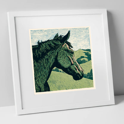 Verdant Valley Gaze horse portrait art print in white frame