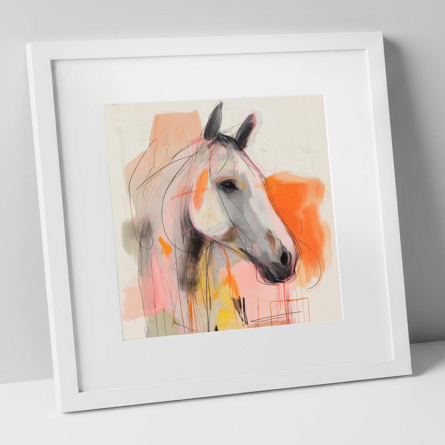 Vibrant Grey Spirit horse portrait art print in white frame