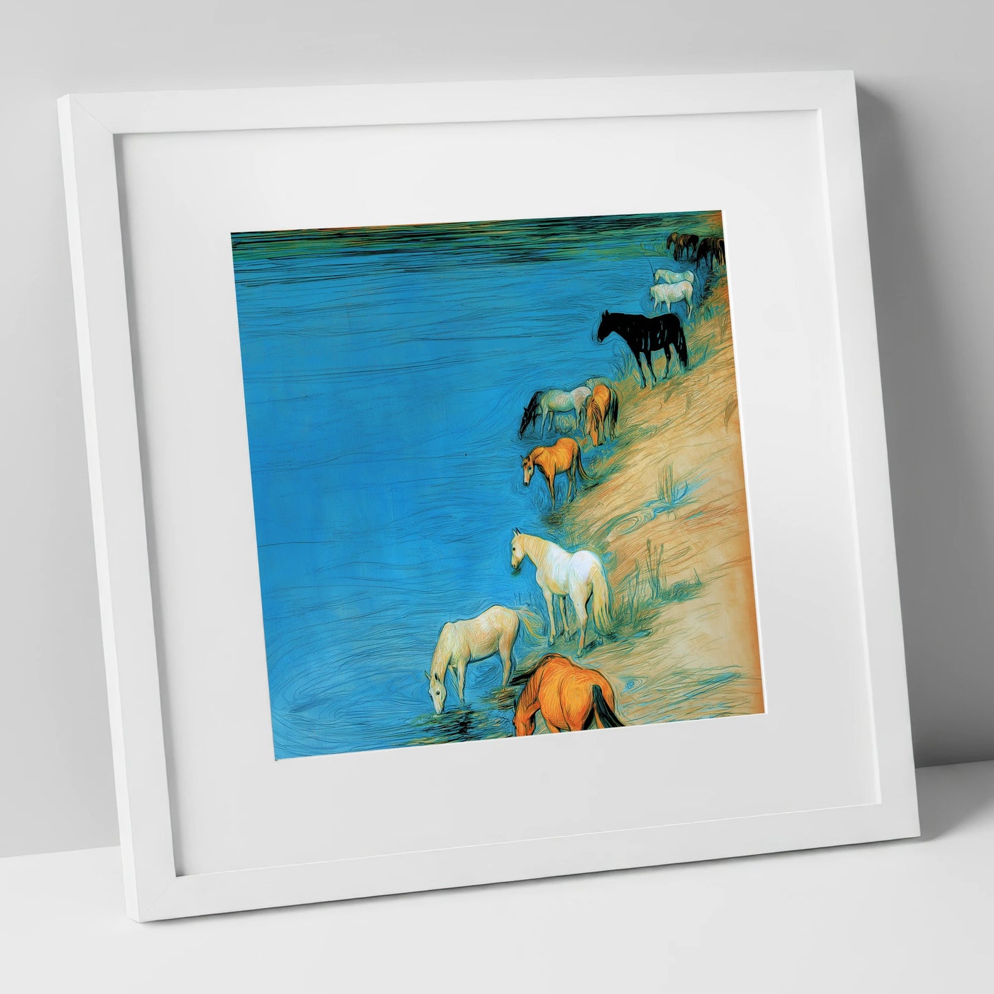 Cerulean River Herd wild horses art print in white frame