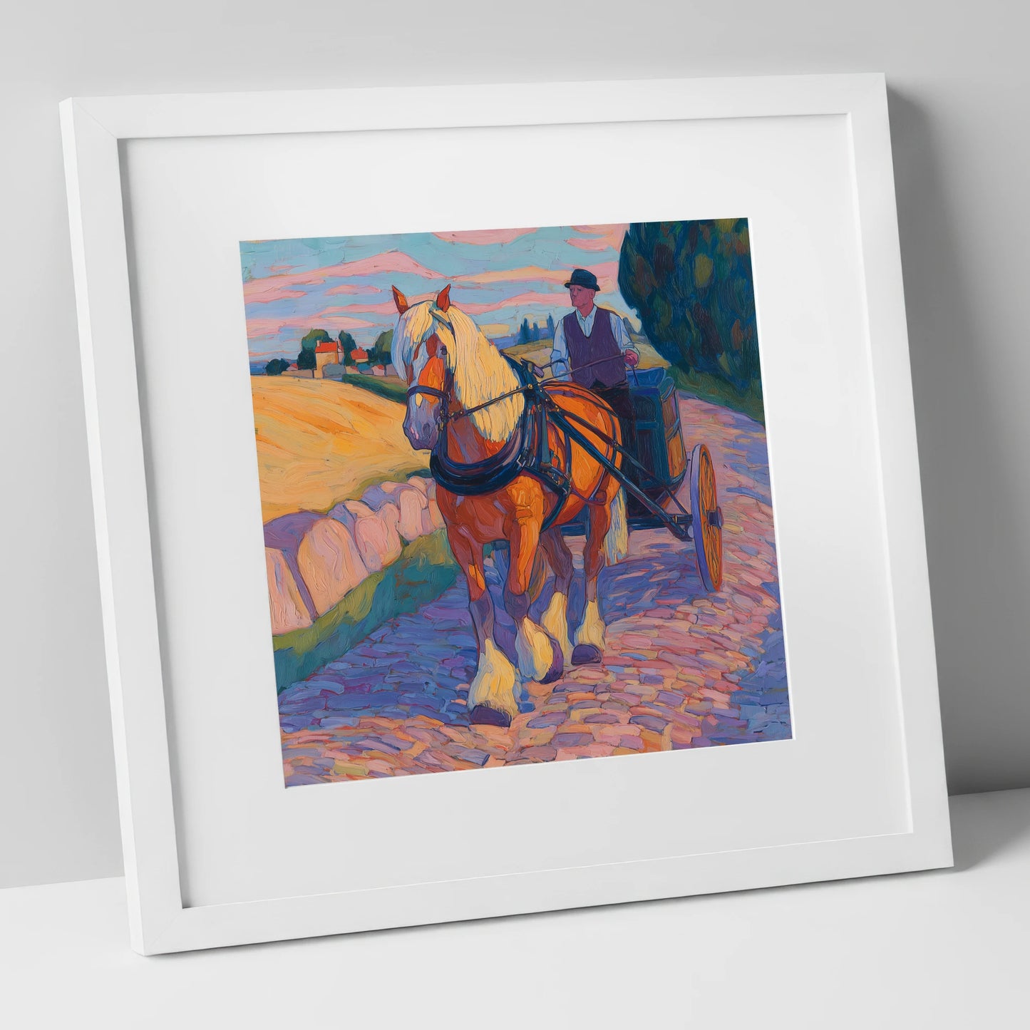 Evening Draught on Cobbles working horse art print in white frame