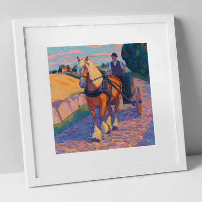 Evening Draught on Cobbles working horse art print in white frame