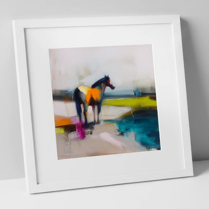 Abstract Equine Horizon horse landscape art print in white frame