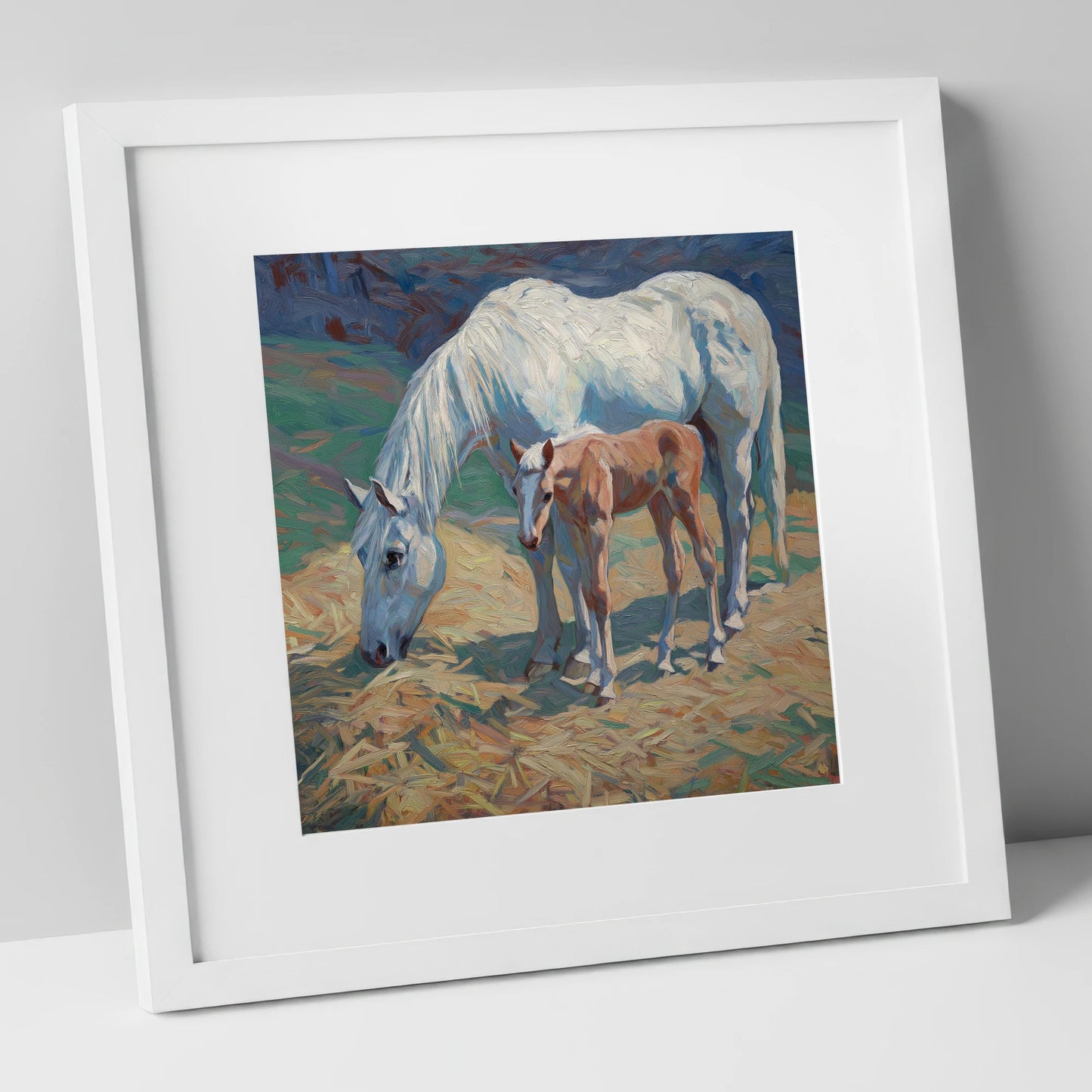Sunlit Grey and Foal mare & foal art print in white frame
