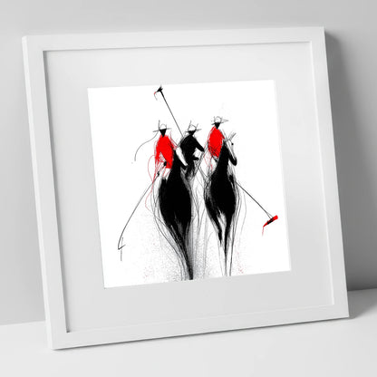 The Crimson Charge polo horse art print in white frame